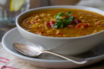 Vegetarian Indian Spiced Red Lentil Soup dish made in half an hour.